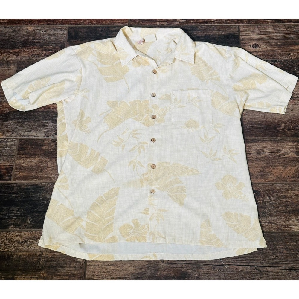 Men's Maui Trading Company Beige Floral Short Sleeve Polyester Hawaiian Shirt XL